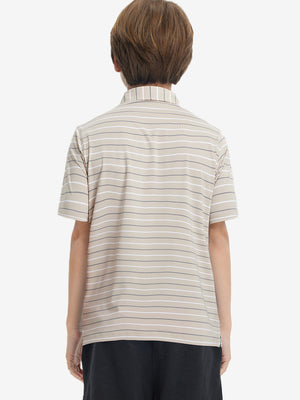 Back upper body of model in trendy boys stripe polo shirts, showing silhouette and light khaki stripe tone