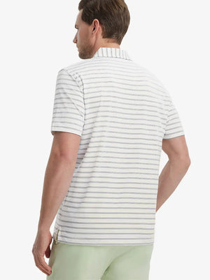 Back view of model in Khaki Neutral Grey Stripe Performance Stripe Golf Shirt