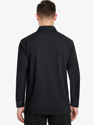 Back view of the black long sleeve pique polo, showcasing its sleek design and practical features.