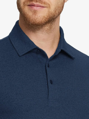 Cobalt Heather Skin-friendly Long Sleeve Melange Polo – front view from model’s nose to chest