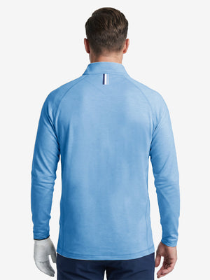 Model back upper body effect display, dry fit athletic 1/4 zip sweatshirt in blue heather
