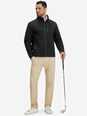 Lifestyle shots of winter thermal outdoor water resistant fleece jacket in black, worn while holding golf clubs