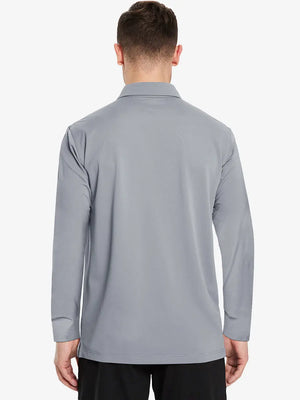 Back view of the light grey long sleeve pique polo, emphasizing its clean design and comfort.