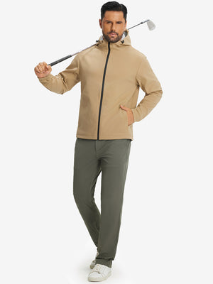 Model holding a golf club, wearing khaki water-resistant heat-tech softshell winter jacket with hood.