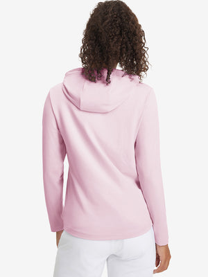 Back upper view of model in women's lightweight hoodies pullover, showing relaxed fit in pale pink.