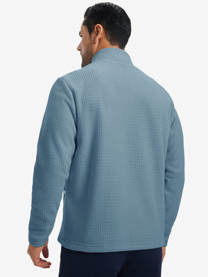 Back upper view of model in soft winter fleece jackets, showing shoulder fit and fleece texture in misty blue.