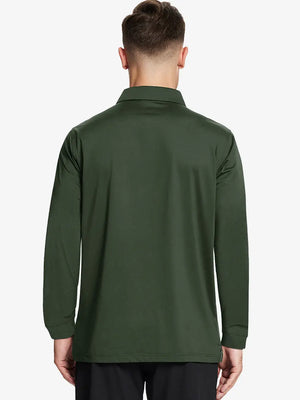 Back half-body view of model wearing OLIVE GREEN Long Sleeve Solid Jersey Polo