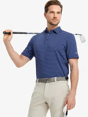 Model swinging golf club in DARK BLUE/LIGHT BLUE STRIPE Polo, sharp and athletic