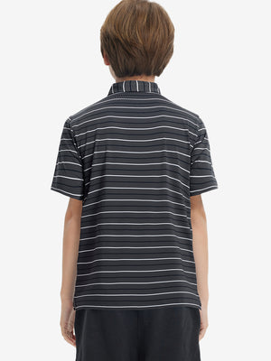 Back upper body view of kids stylish stripe polo shirts, showing pattern and dark grey stripe tone