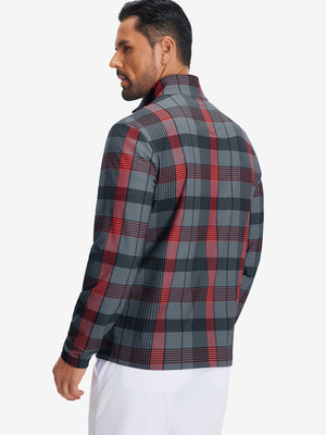 Back upper body view of full print lightweight quarter zip pullover, showing pattern and redblack check tone