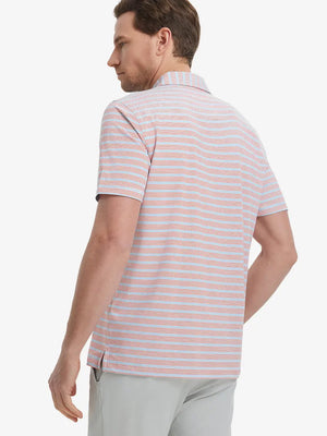 Back view of model in Red Blue Stripe Performance Stripe Golf Shirt