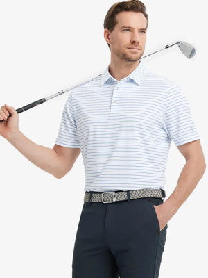 Model in WHITE/LIGHT BLUE STRIPE Polo swinging a golf club in motion-ready posture