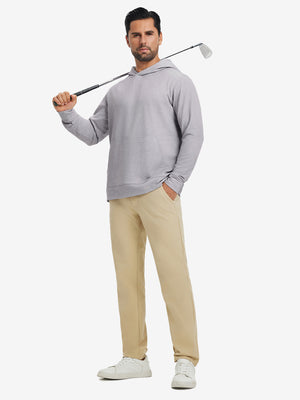 Full-body view of model in light purple exclusive print kangaroo hoodies holding a golf club outdoors.