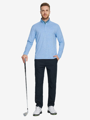 Man wearing Heather Pinstripe Brushed Dry Fit Quarter Zip Pullover in sky blue heather, holding golf club on course