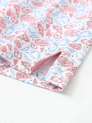 Detailed close-up of side hem slit on WHITE PIZZA Performance Print Boys Golf Polo for comfort