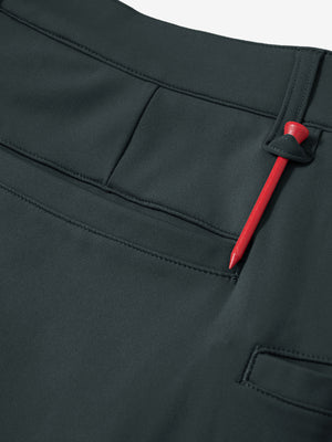 Waistband detail of soft lightweight casual golf pants with 5 pockets in dark grey, neat stitching.