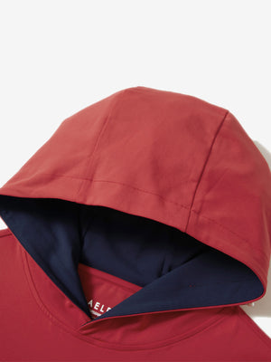 Hood detail of the red dry fit stretchy sweatshirts hoodie, showing smooth fabric and neat seams.