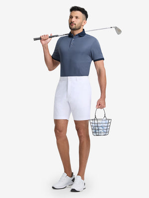 Full-body front view of model with a golf club wearing the blue quick dry jacquard ribbed collar golf shirt