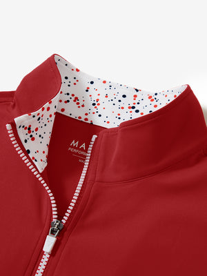 Collar zipper and inner neck pattern detail of the lightweight golf quarter zip pullover in red.