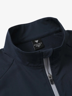 Detail view of the navy windproof golf vest, showcasing the collar design and zippered closure.