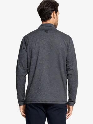 Back half-body view of model in Pinstripe Quarter Zip Pullover, showing back detail – BLACK GREY MELANGE