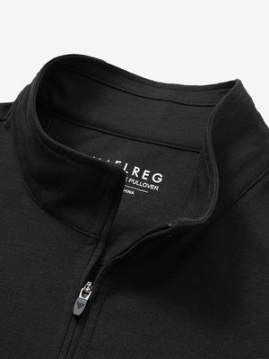 Collar close-up of Premium jacquard quarter zip pullover with zip detail in black
