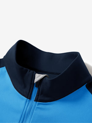 Close-up of collar and zipper on Fleece lined golf quarter zip in refined navy/blue