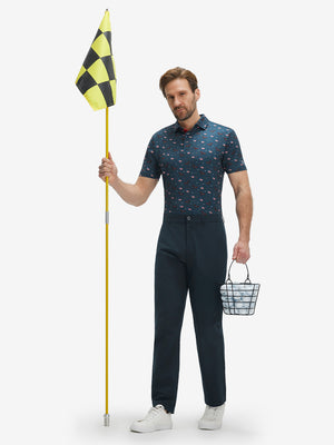 Full-body front view of model wearing the american flag eagle 4 way stretch print collared polo shirt, showing the complete outfit