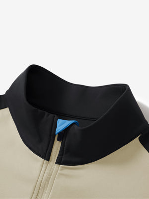 Close-up of collar and zipper on Fleece lined golf quarter zip in refined black/grey