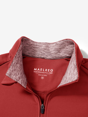 Close-up of collar and zipper on Fleece lined golf quarter zip in refined red