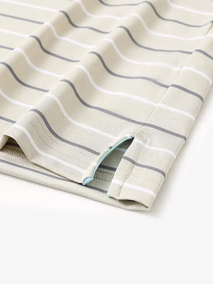 Hem detail of trendy boys stripe polo shirts, fine finish with subtle light khaki stripe touch