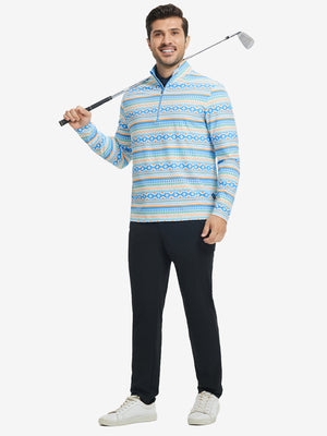 Model holding golf club in Full print lightweight quarter zip pullover with sporty blue ethnic