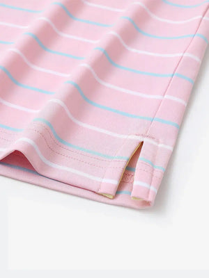Hem detail of trendy boys stripe polo shirts, fine finish with subtle light pink stripe touch