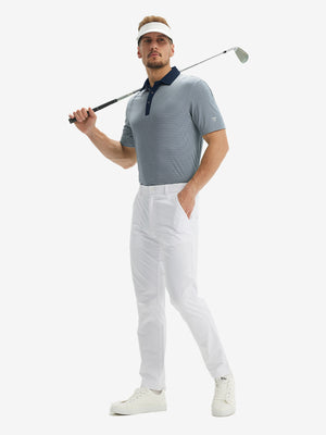 Full front: model in navy stripe upgraded two-tone striped quick dry polo shirt holding golf club.