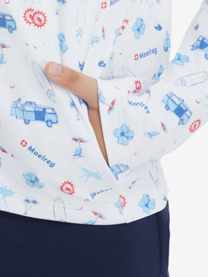 Model with both hands in pockets wearing youth full print stylish hoodies pullover in white cartoon toy.