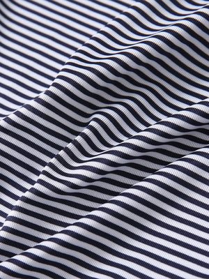 Fabric detail of Classic stripe polo shirts with crisp lines and smooth navy stripe finish