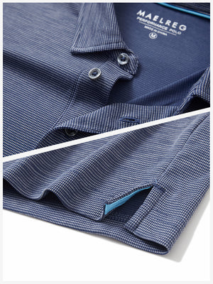 Detail shot of collar and hem of light dark blue grid ultra-light quick dry moisture wicking collared polo shirt