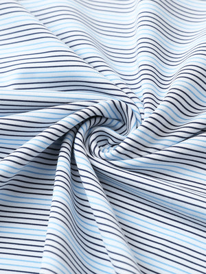 Close-up fabric detail of performance stripe golf shirts, breathable texture with soft navy blue stripe finish