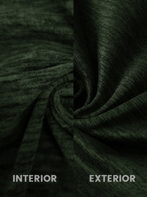 Close-up of dark green heather heather fleece hoodie pullover fabric showing soft, brushed interior and textured surface.