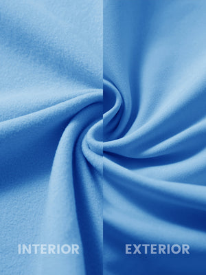 Close-up of the inner and outer fabric of kids soft lightweight fleece lined jacket in sky blue.