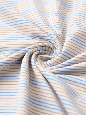 Close-up fabric detail of performance stripe golf shirts, breathable texture with soft orange blue stripe finish