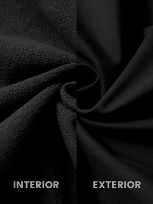Close-up of the inner and outer fabric of winter thermal outdoor water resistant fleece jacket in black, showing fleece lining and exterior.
