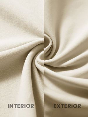 Close-up of the inner and outer fabric of kids soft lightweight fleece lined jacket in light khaki.