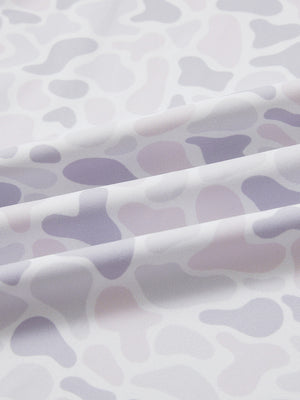 Full print lightweight quarter zip pullover, close-up of smooth fabric with detailed print in brown grey camo