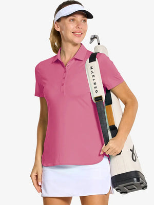 Front half-body of model in PINK LEMONADE Women's Performance Solid Polo holding golf club
