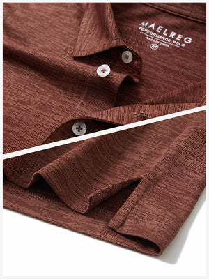 Detail shot of collar and hem of red flower breathable jacquard pattern 3-button golf polo