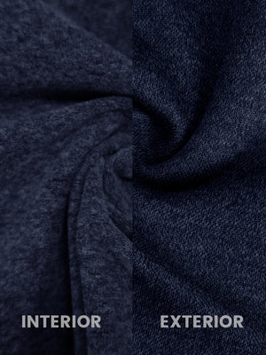 Close-up of navy heather classic heather fleece hoodie fabric showing soft, brushed interior and textured exterior.