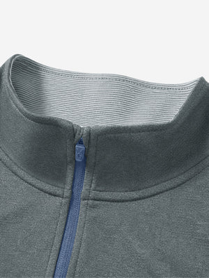 Collar detail close-up in grey melange lightweight sleeveless quarter zip golf vest