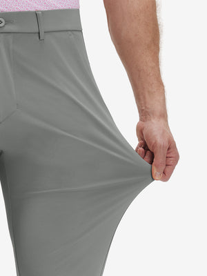 Detail view of pants elasticity on gray blue breathable casual slacks with 4 pockets