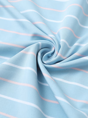 Fabric detail of kids stylish stripe polo shirts, soft striped weave with misty blue stripeaccent